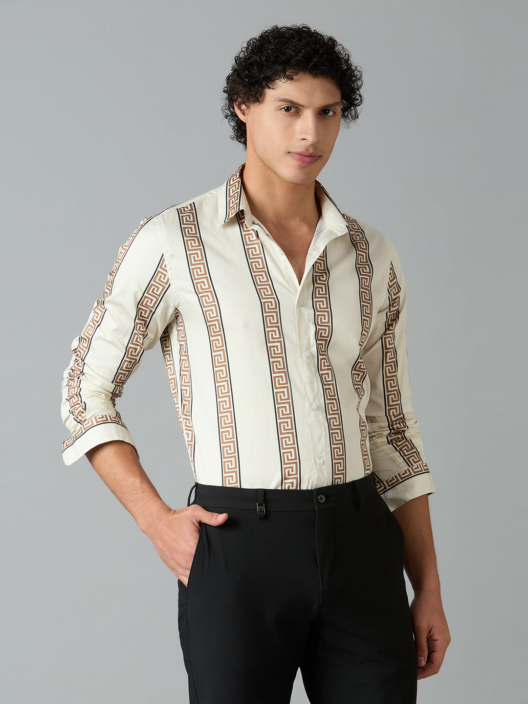 Men's Slim Fit Cream 100% Cotton Vertical Printed Shirt | Mark & Albert