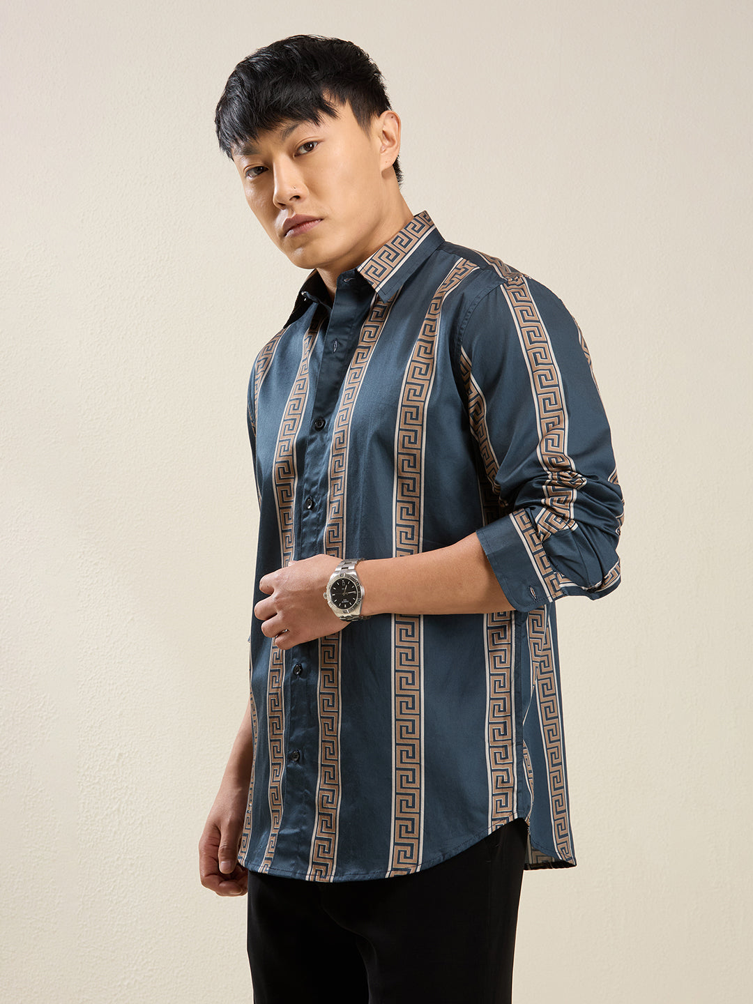 Men's Slim Fit Cream 100% Cotton Vertical Printed Shirt | Mark & Albert