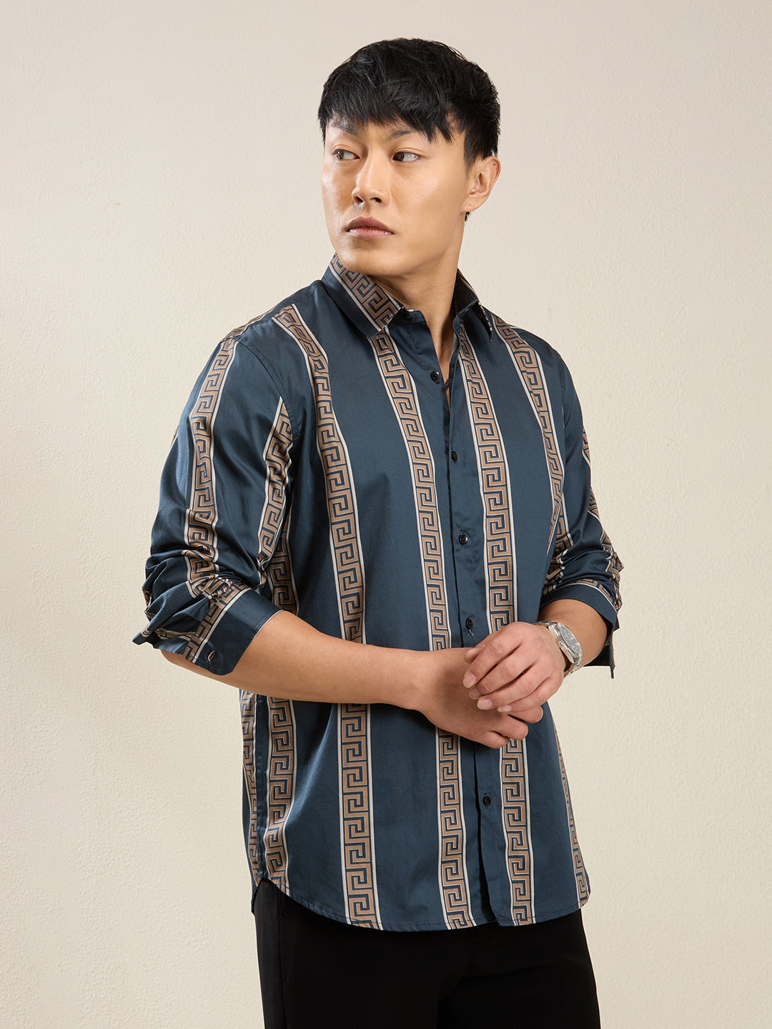 Men's Slim Fit Cream 100% Cotton Vertical Printed Shirt | Mark & Albert