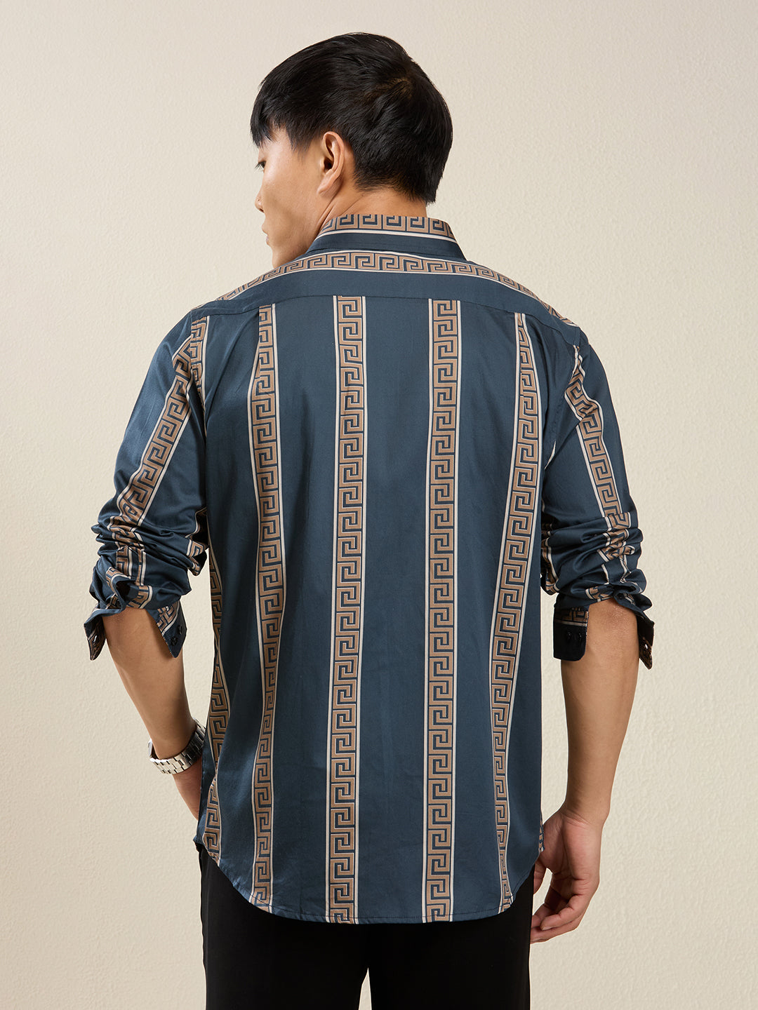 Men's Slim Fit Cream 100% Cotton Vertical Printed Shirt | Mark & Albert