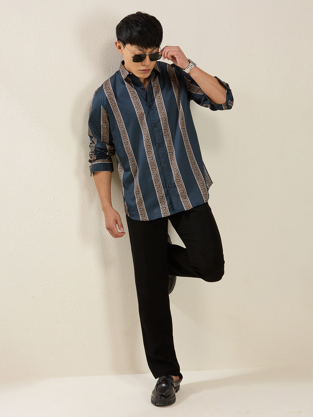 Men's Slim Fit Cream 100% Cotton Vertical Printed Shirt | Mark & Albert