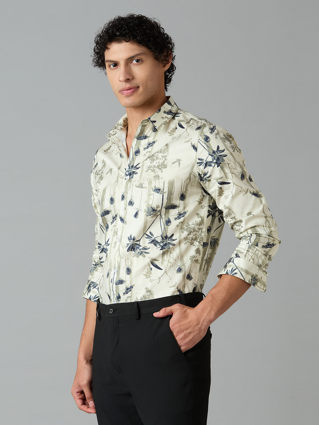 Men's Slim Fit Cream 100% Cotton Floral Printed Shirt | Mark & Albert