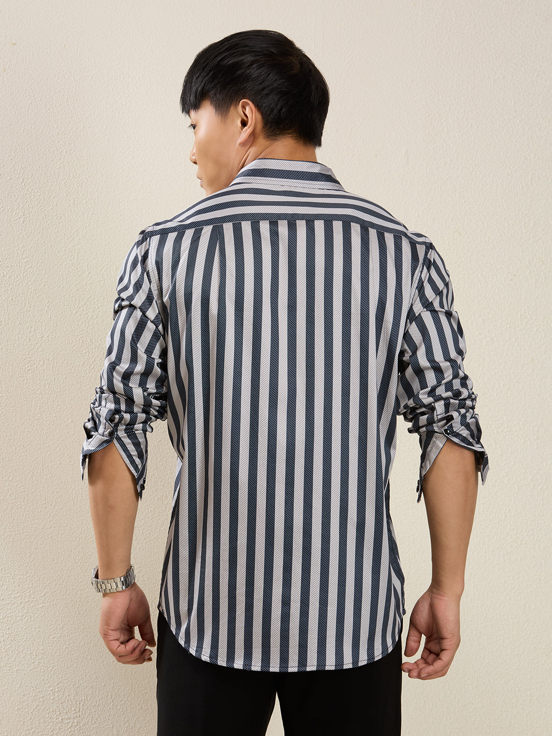 Men's Slim Fit Navy Bold Stripe Cotton Casual Shirt