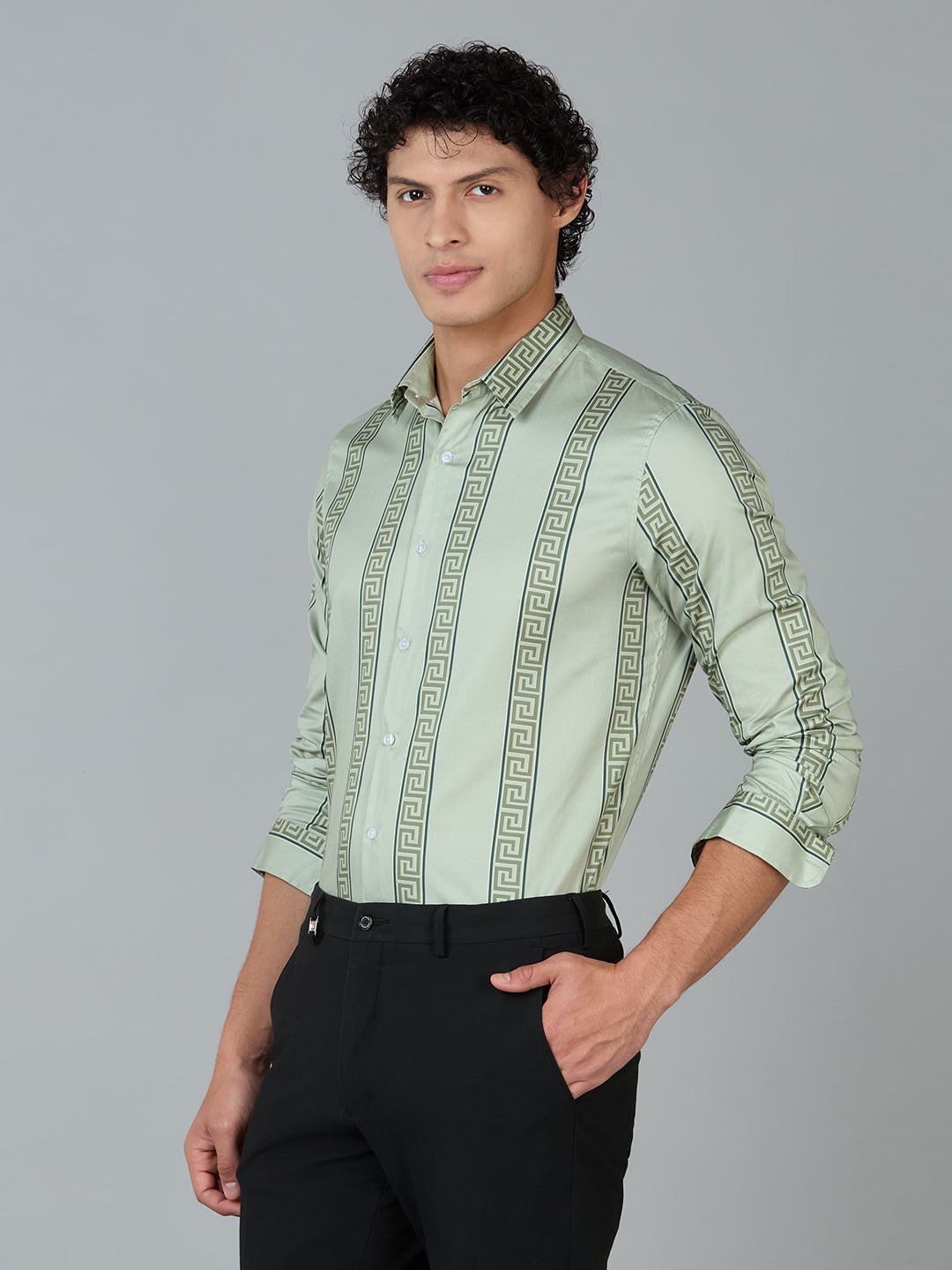Men's Slim Fit Green 100% Cotton Vertical Printed Shirt | Mark & Albert
