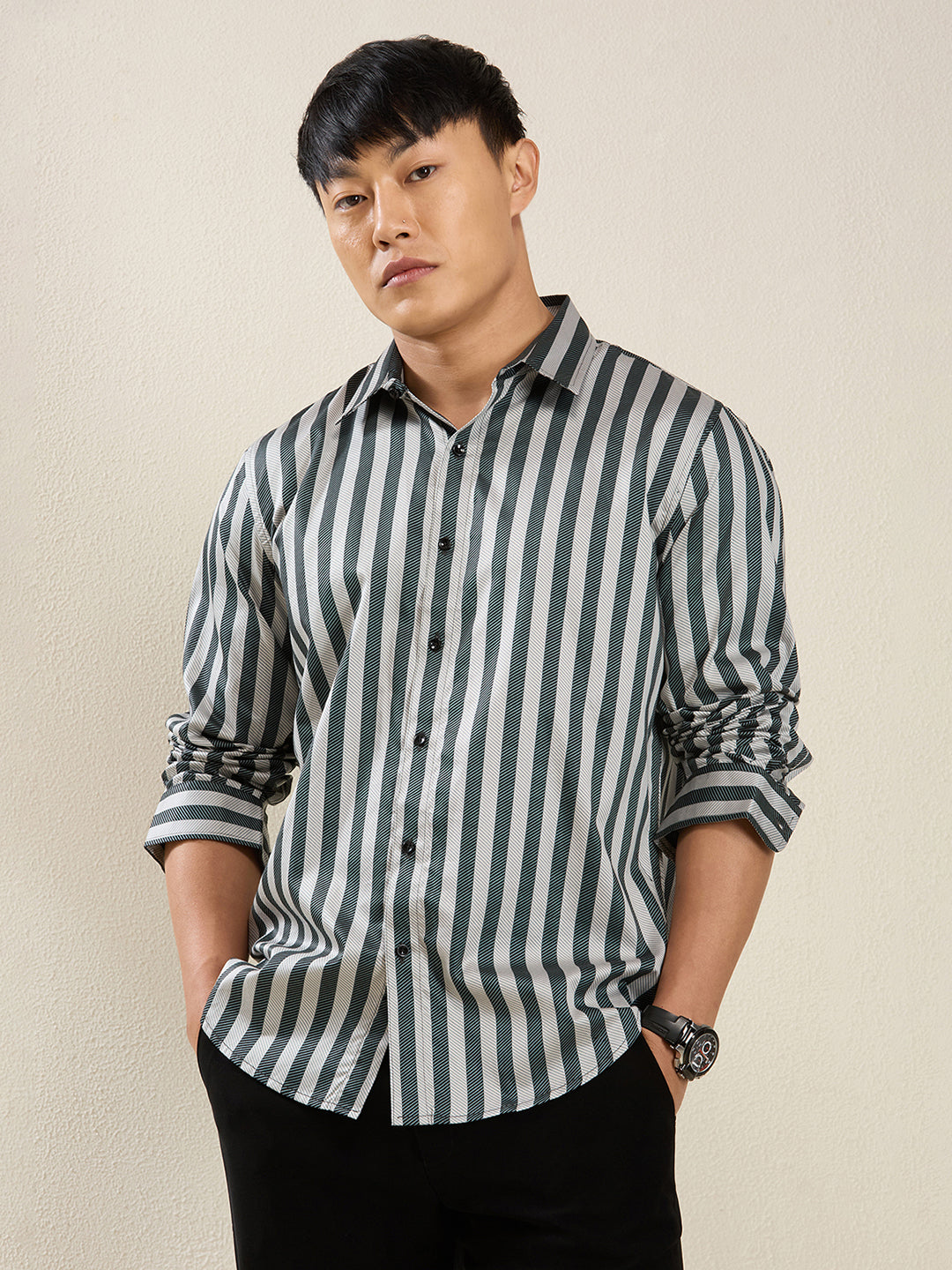 Men's Slim Fit Green Bold Stripe Cotton Casual Shirt