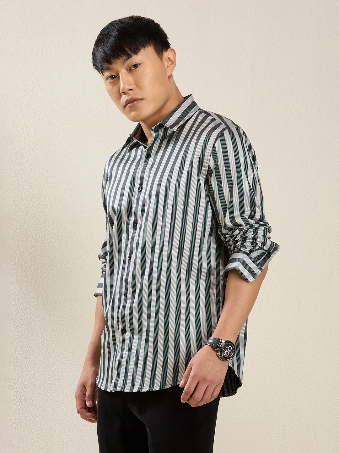 Men's Slim Fit Green Bold Stripe Cotton Casual Shirt