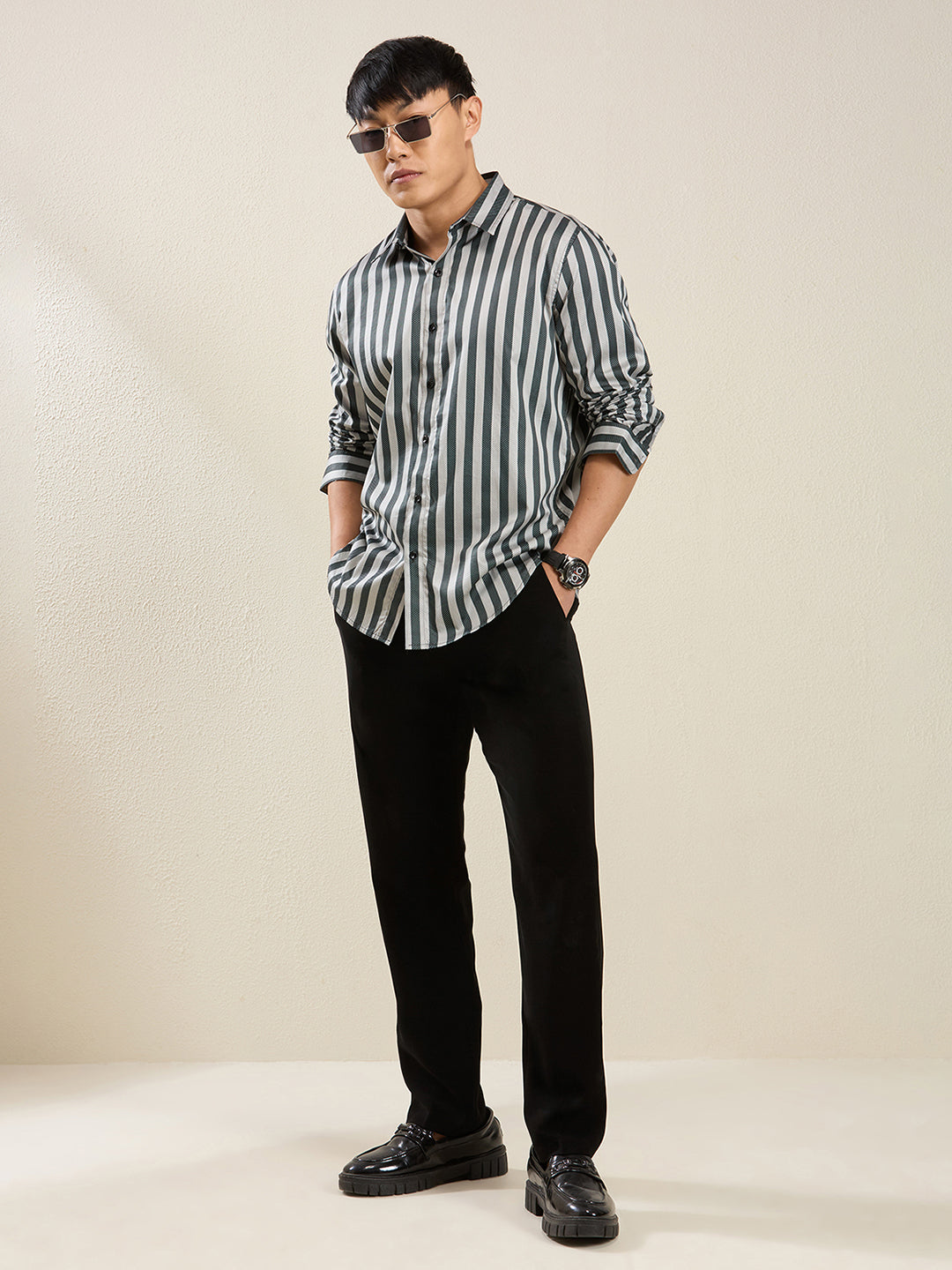 Men's Slim Fit Green Bold Stripe Cotton Casual Shirt