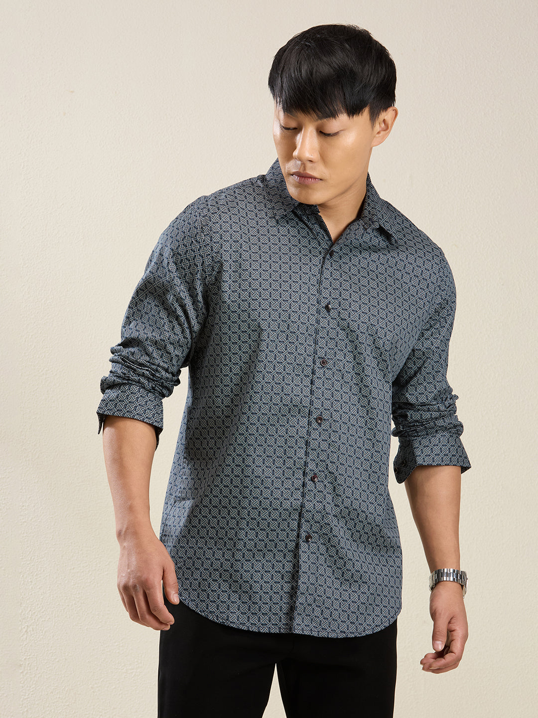Men’s Blue Geometric Print Slim Fit Shirt