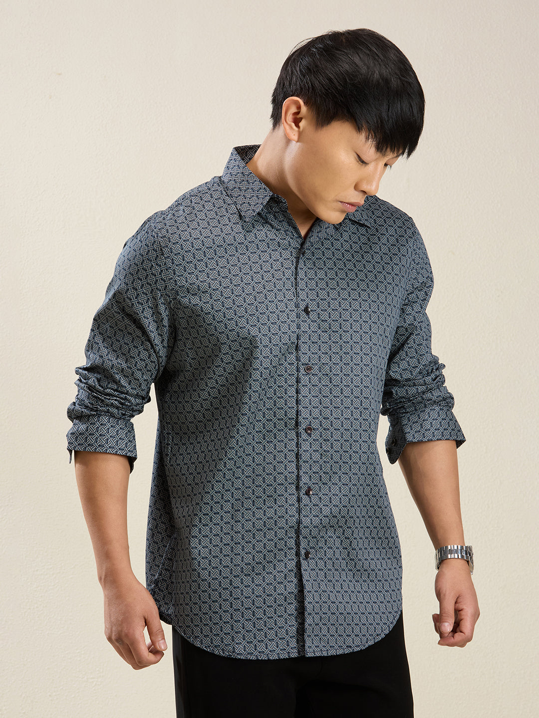 Men’s Blue Geometric Print Slim Fit Shirt