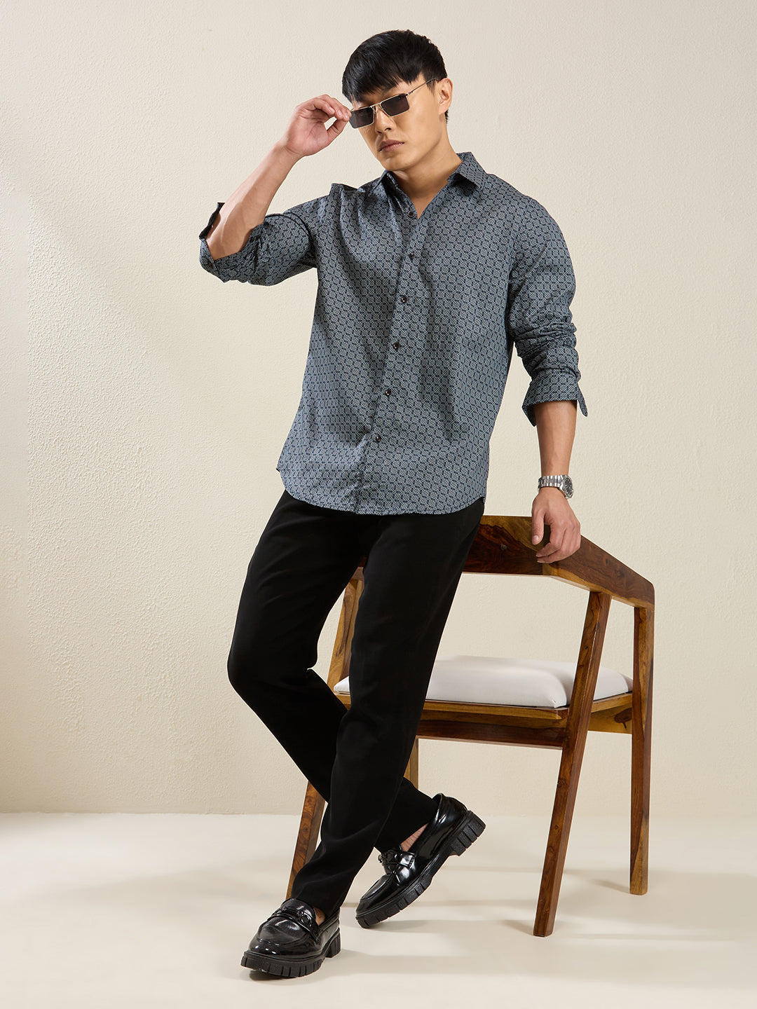 Men’s Blue Geometric Print Slim Fit Shirt