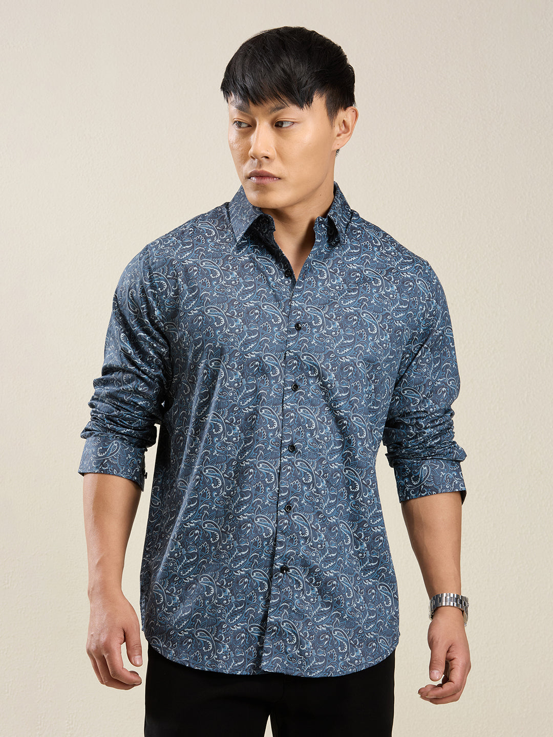 Men’s Blue Paisley Print 100% Cotton Slim Fit Shirt
