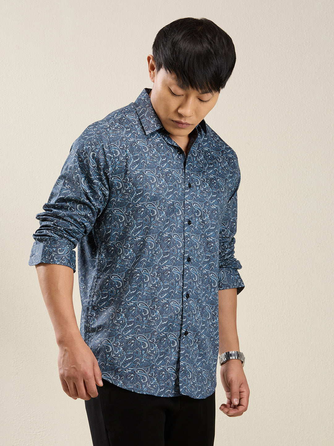Men’s Blue Paisley Print 100% Cotton Slim Fit Shirt