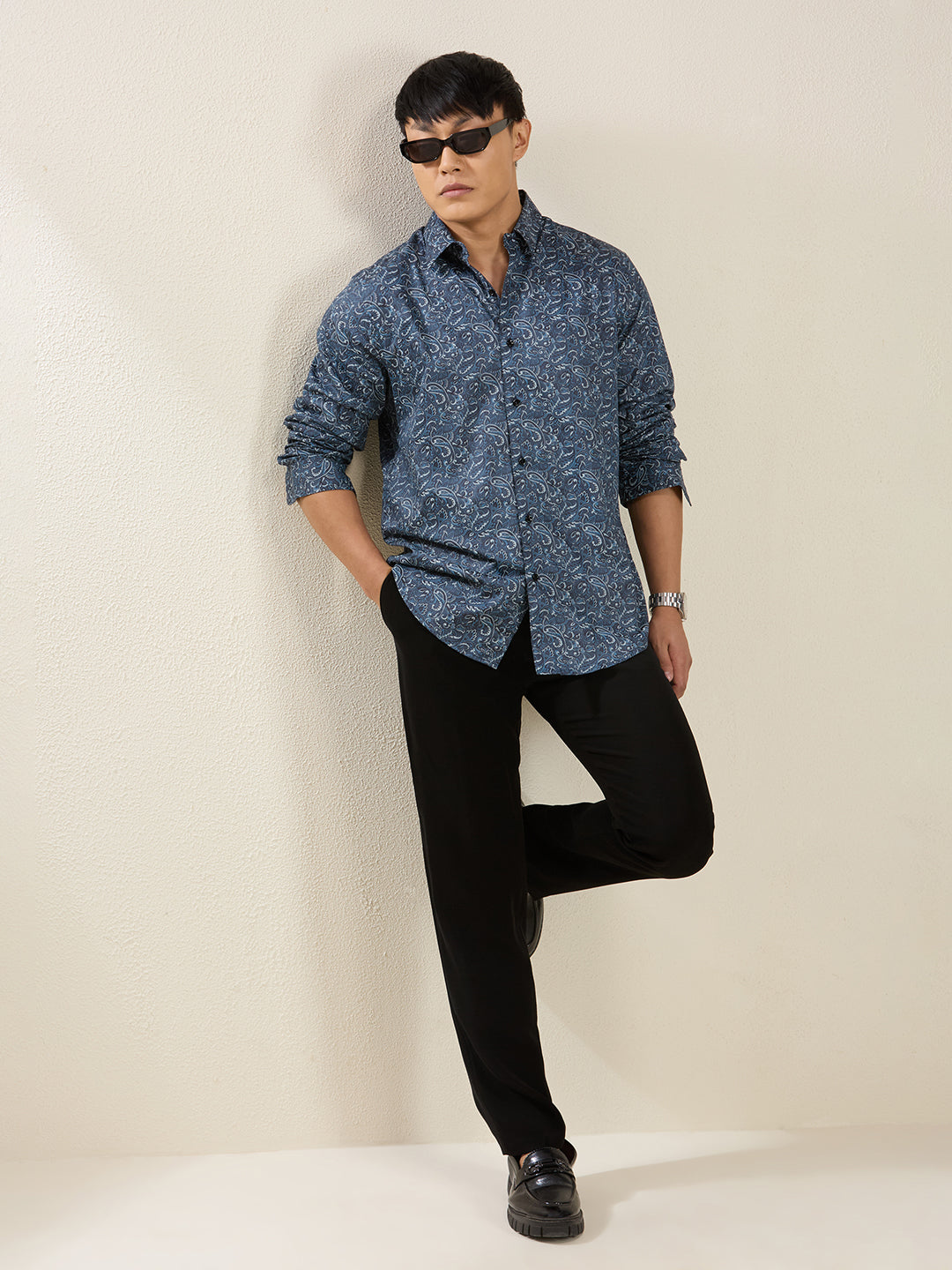 Men’s Blue Paisley Print 100% Cotton Slim Fit Shirt