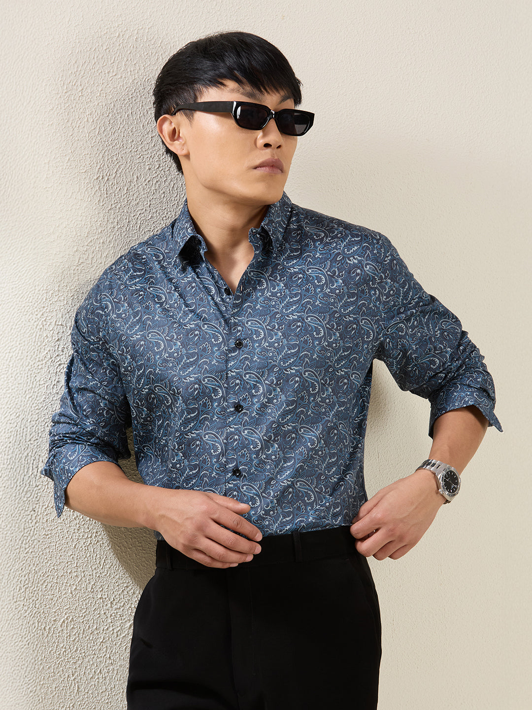 Men’s Blue Paisley Print 100% Cotton Slim Fit Shirt