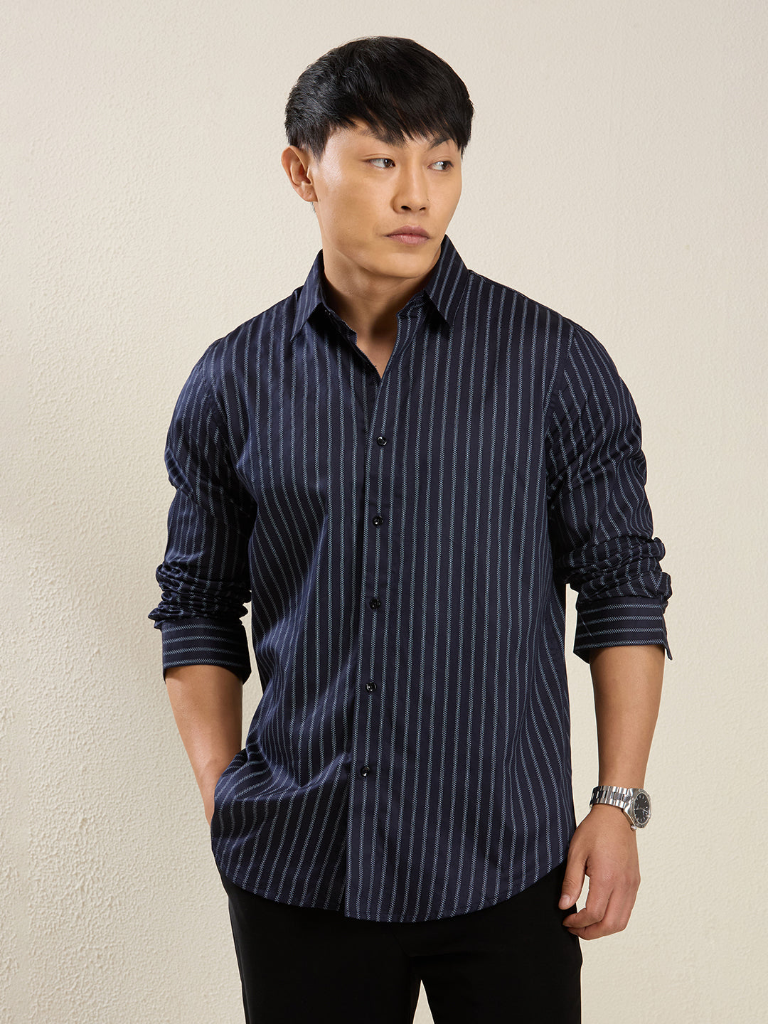 Midnight Stripes – 100% Cotton Slim Fit Shirt