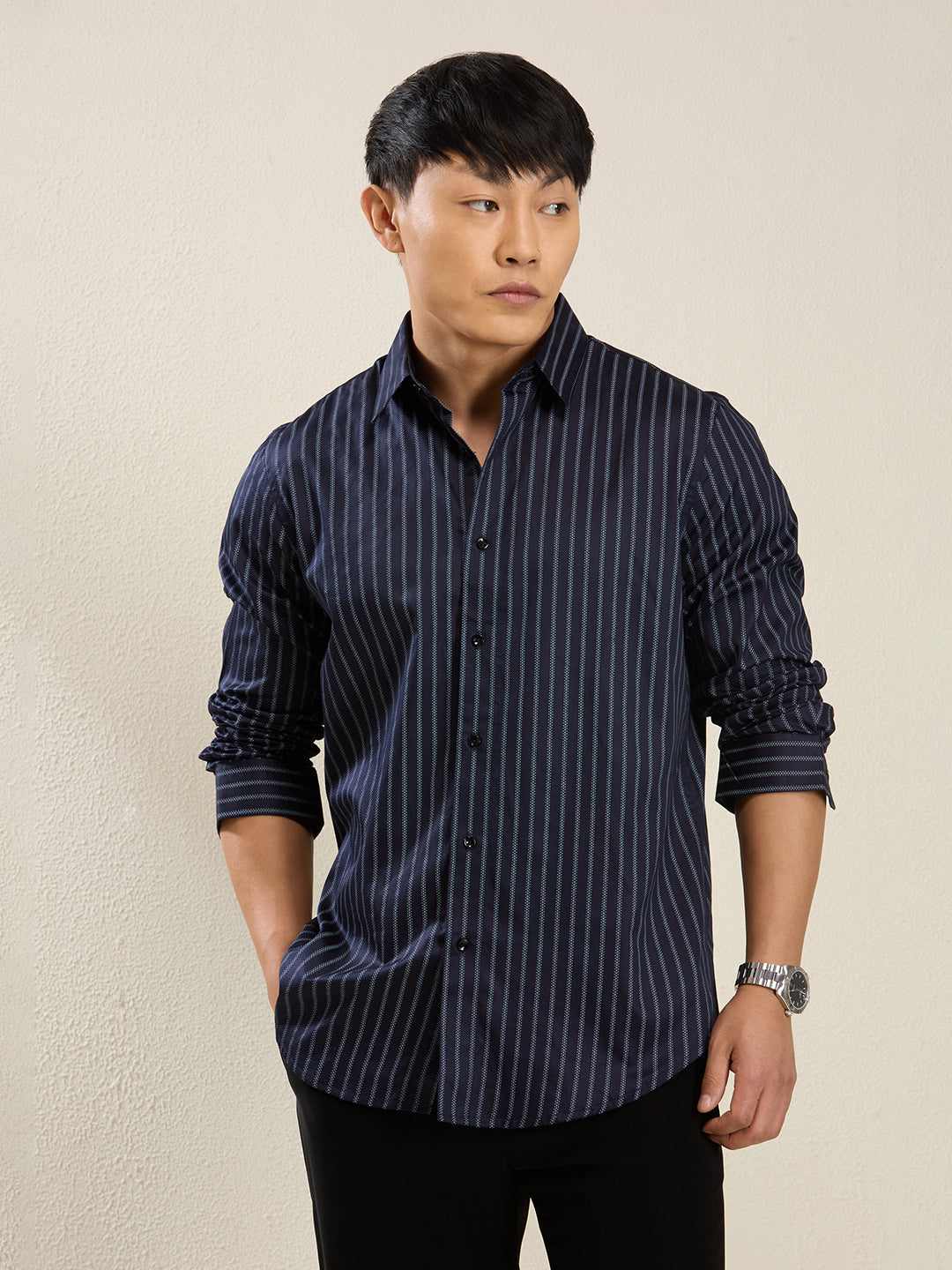 Midnight Stripes – 100% Cotton Slim Fit Shirt