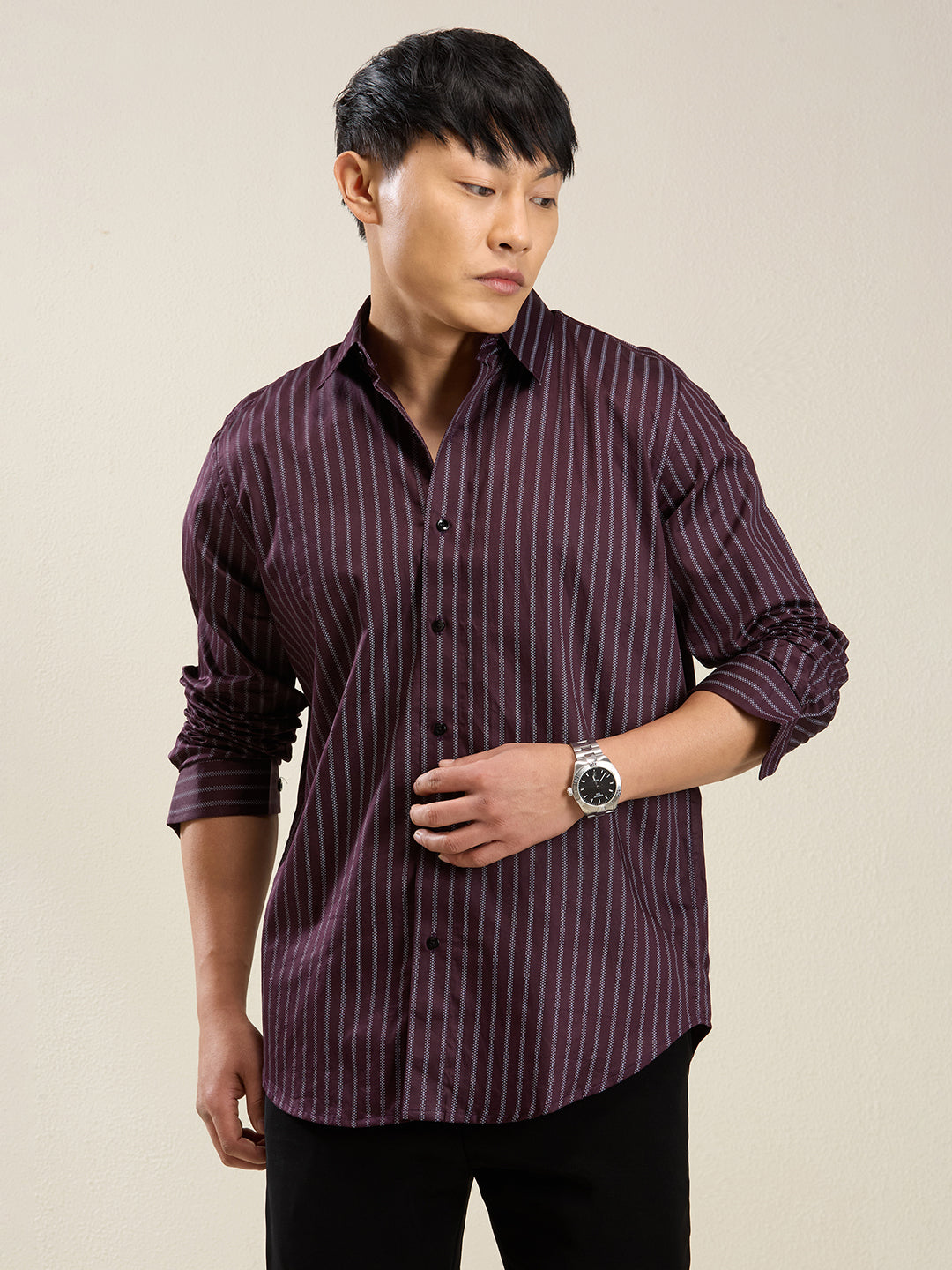 Wine Striped Slim Fit Shirt