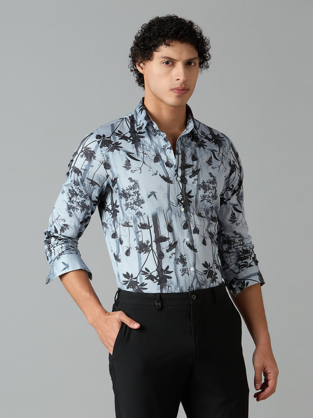 Men's Slim Fit Blue 100% Cotton Floral Printed Shirt | Mark & Albert