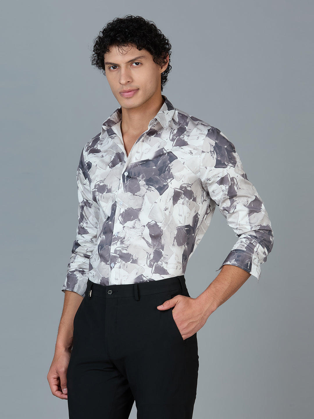 Men's Slim Fit Grey 100% Cotton Printed Shirt | Mark & Albert