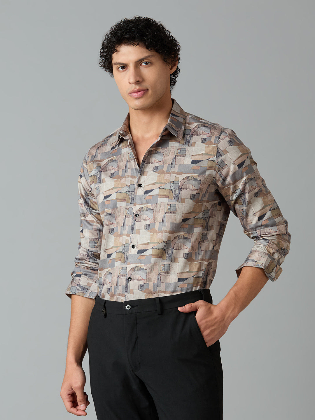 Men's Slim Fit Beige 100% Cotton Printed Shirt | Mark & Albert