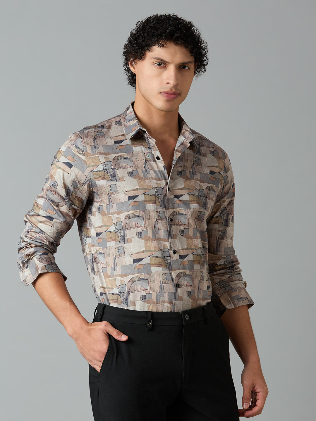 Men's Slim Fit Beige 100% Cotton Printed Shirt | Mark & Albert