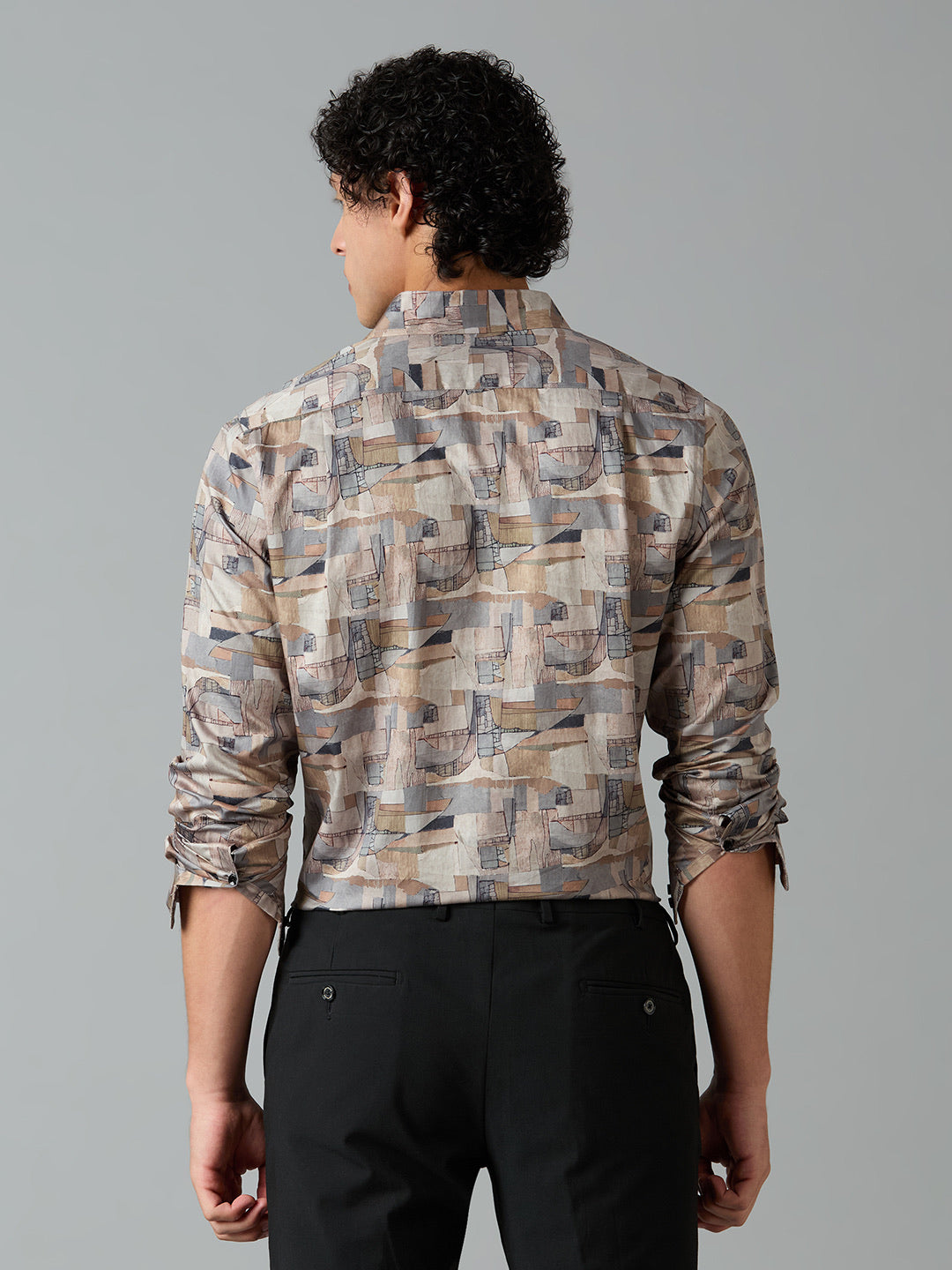 Men's Slim Fit Beige 100% Cotton Printed Shirt | Mark & Albert