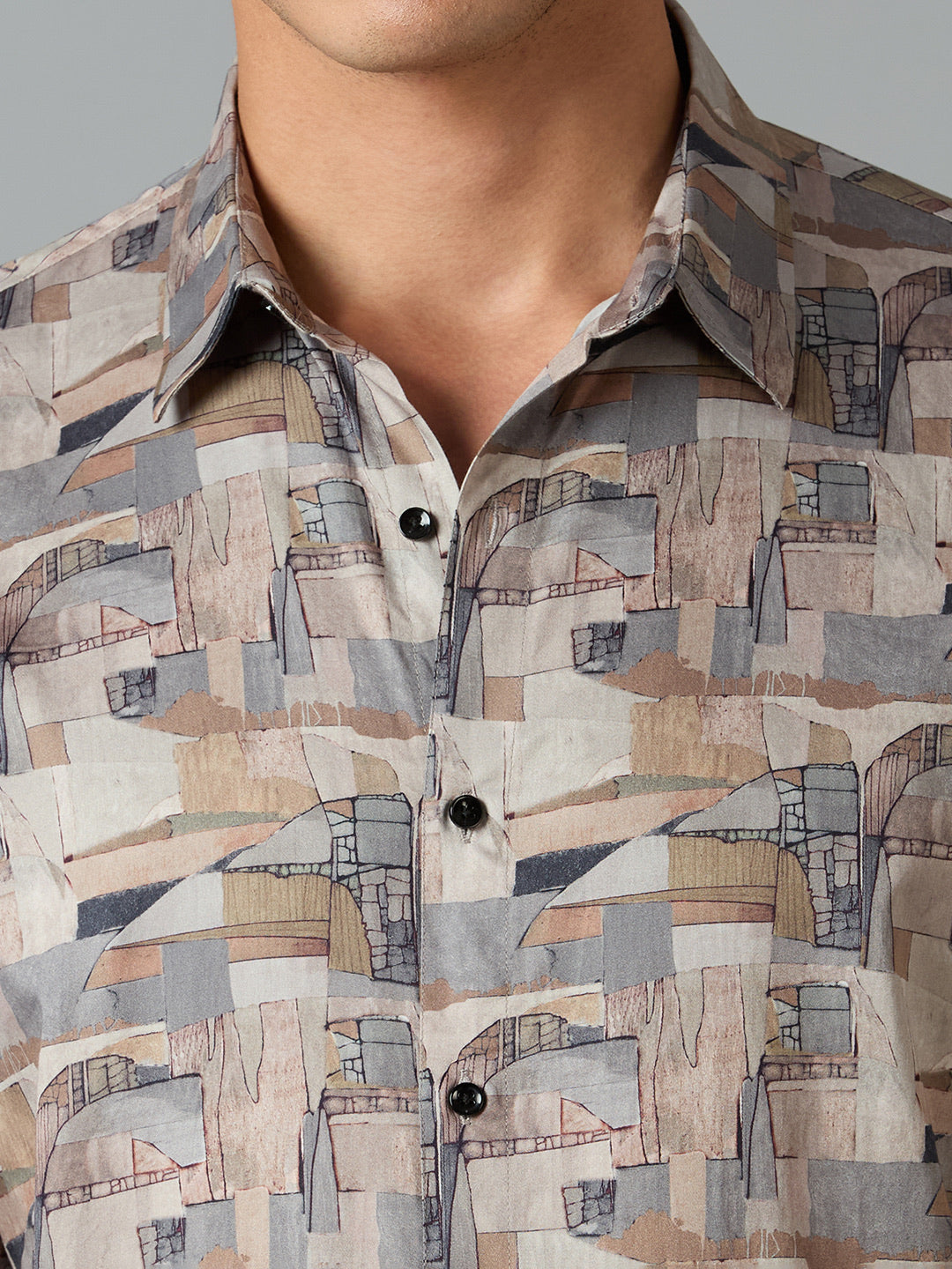 Men's Slim Fit Beige 100% Cotton Printed Shirt | Mark & Albert