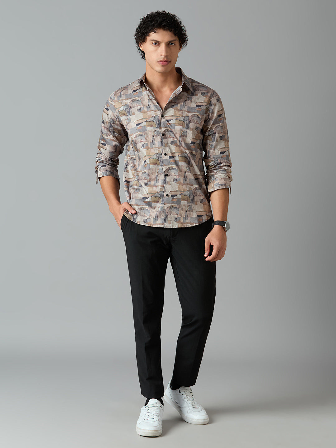 Men's Slim Fit Beige 100% Cotton Printed Shirt | Mark & Albert