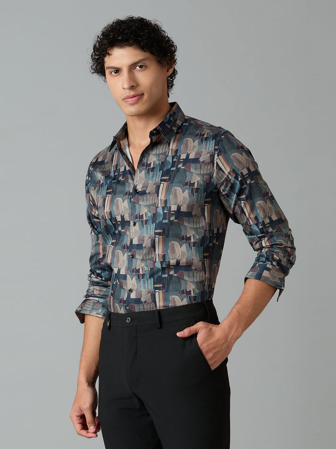 Men's Slim Fit Teal 100% Cotton Printed Shirt | Mark & Albert
