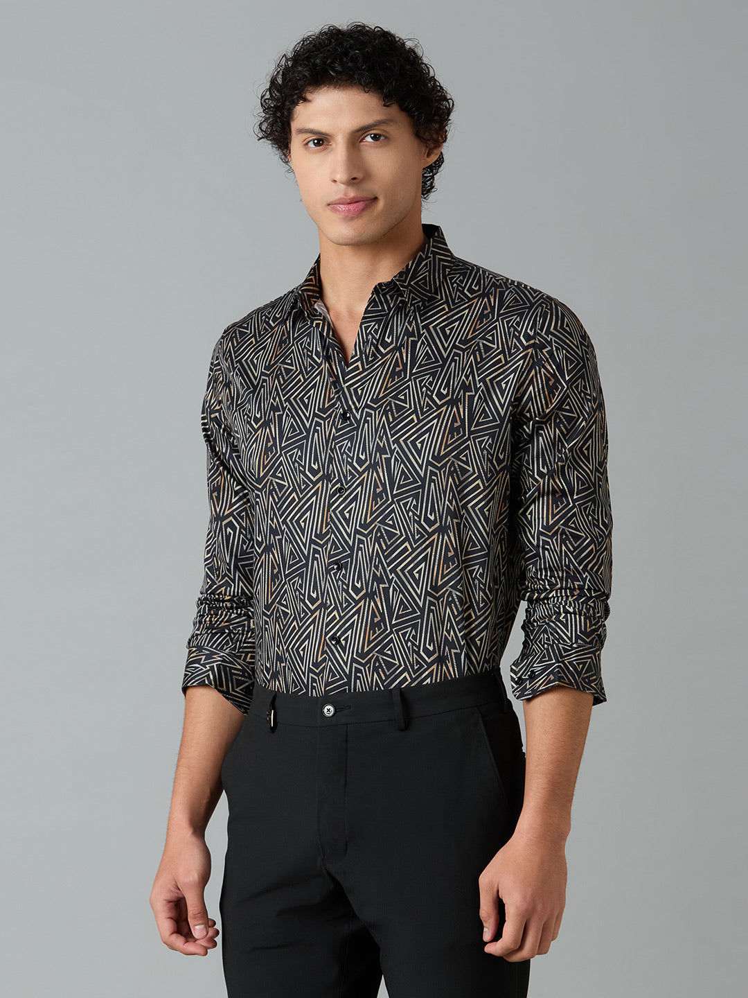 Men's Slim Fit Black 100% Cotton Geometric Printed Shirt | Mark & Albert