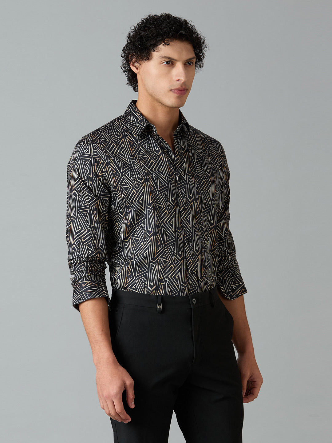Men's Slim Fit Black 100% Cotton Geometric Printed Shirt | Mark & Albert