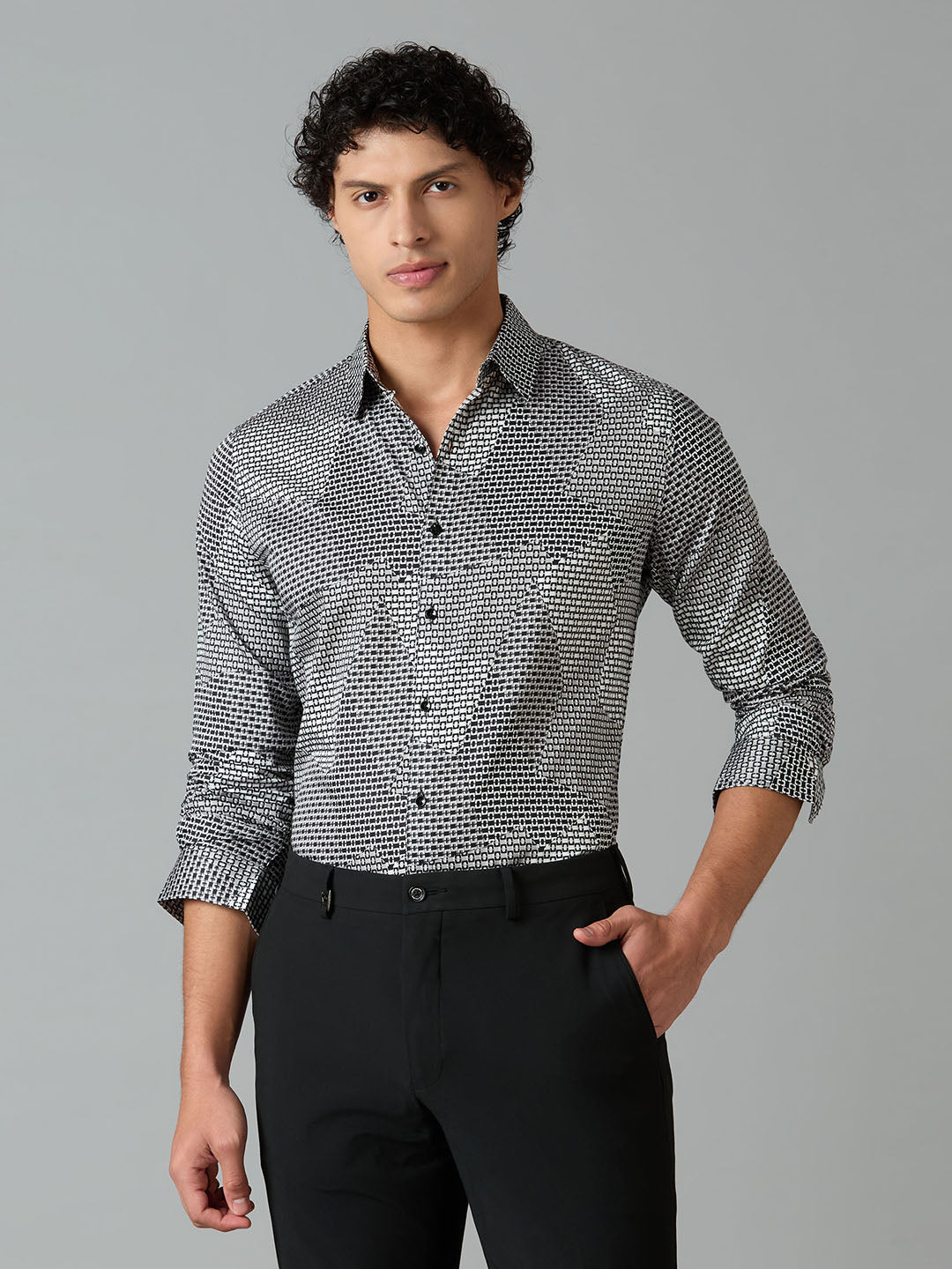 Men's Slim Fit Black Abstract Printed Giza Cotton Party Wear Shirt | MARK & ALBERT