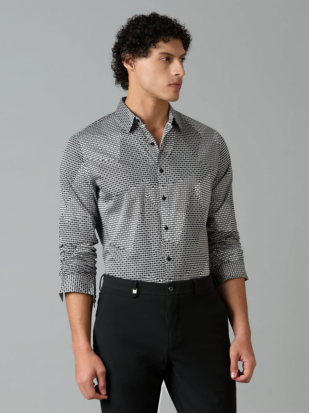 Men's Slim Fit Black Abstract Printed Giza Cotton Party Wear Shirt | MARK & ALBERT