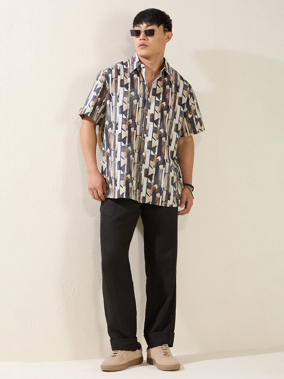 Men’s Relaxed Fit Half Sleeve Abstract Print Linen Shirt