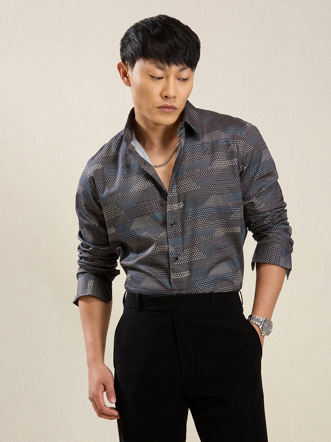 Men's Slim Fit Geometric Stripe Cotton Shirt