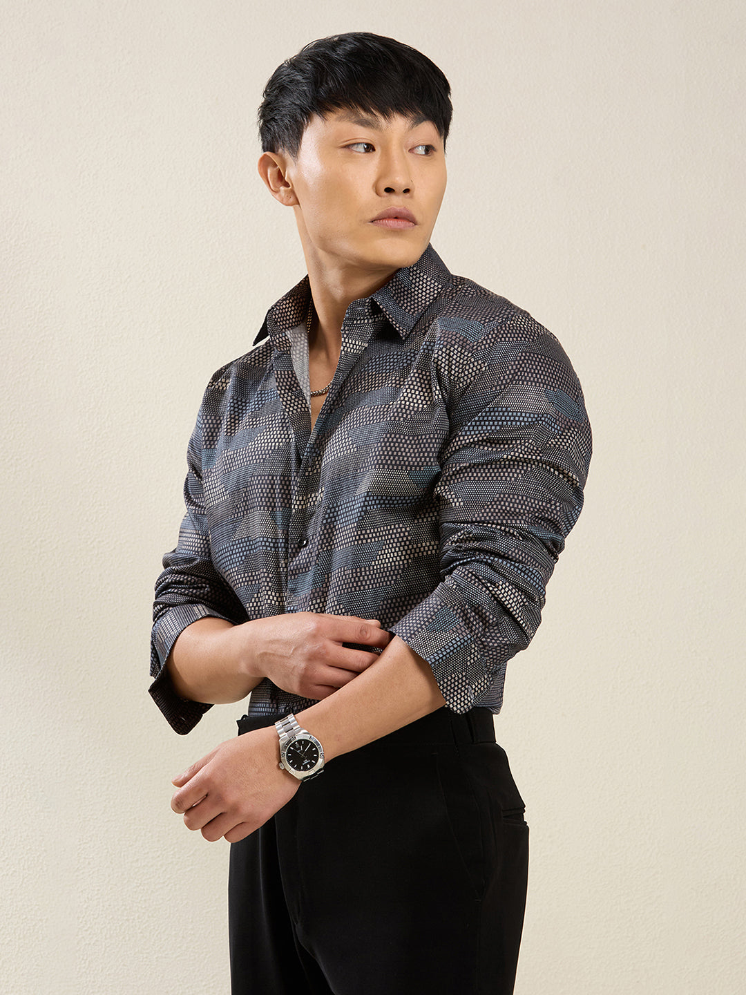 Men's Slim Fit Geometric Stripe Cotton Shirt