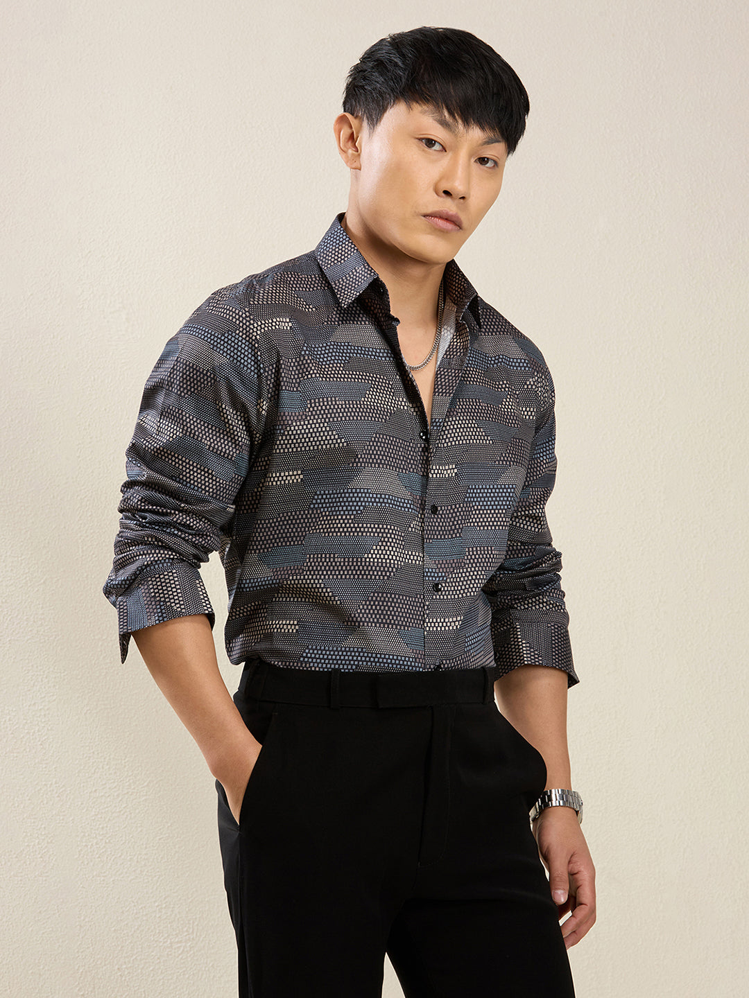 Men's Slim Fit Geometric Stripe Cotton Shirt