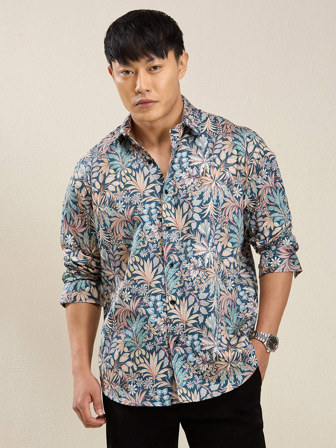 Men's Slim Fit Botanical Print Cotton Shirt