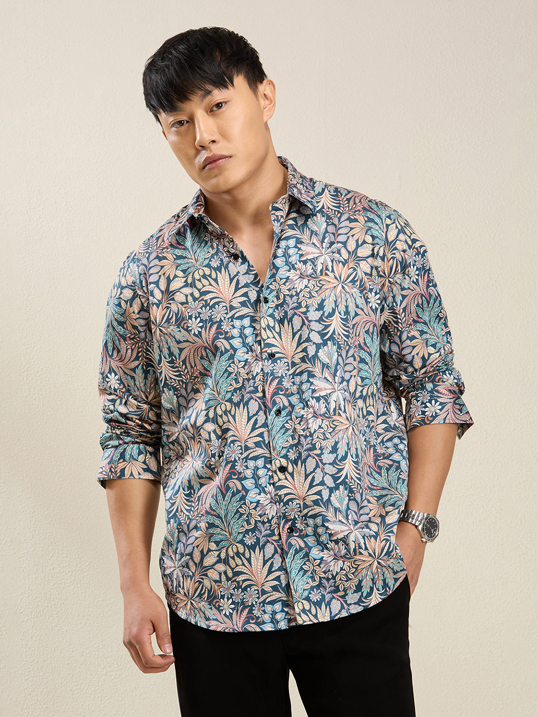 Men's Slim Fit Botanical Print Cotton Shirt