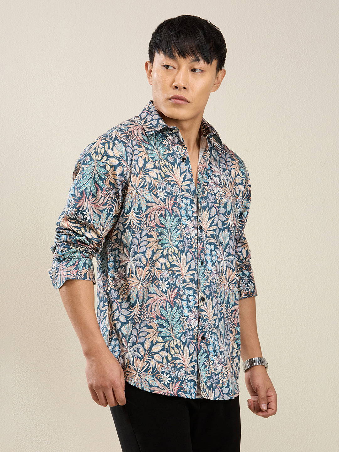 Men's Slim Fit Botanical Print Cotton Shirt