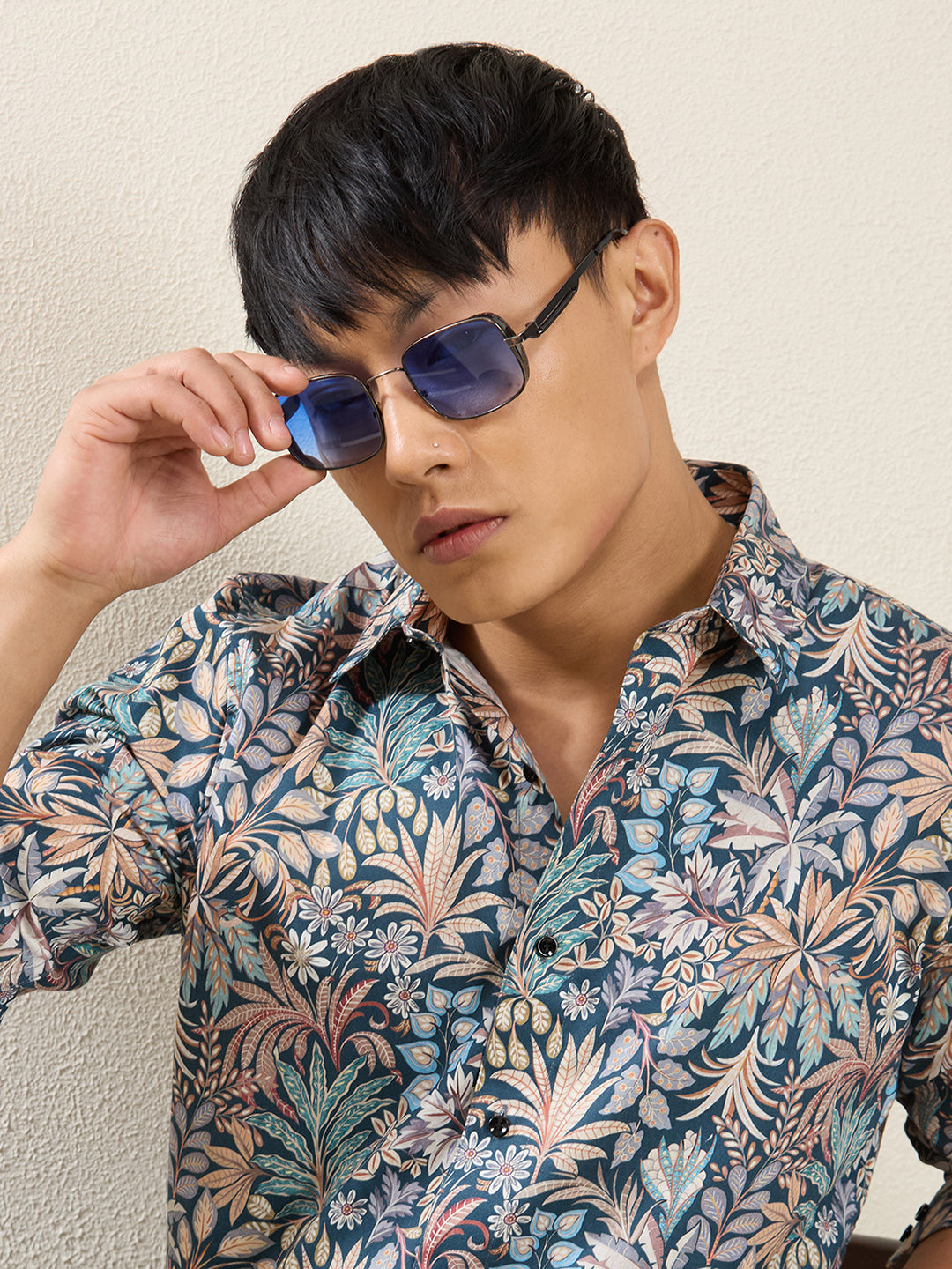 Men's Slim Fit Botanical Print Cotton Shirt