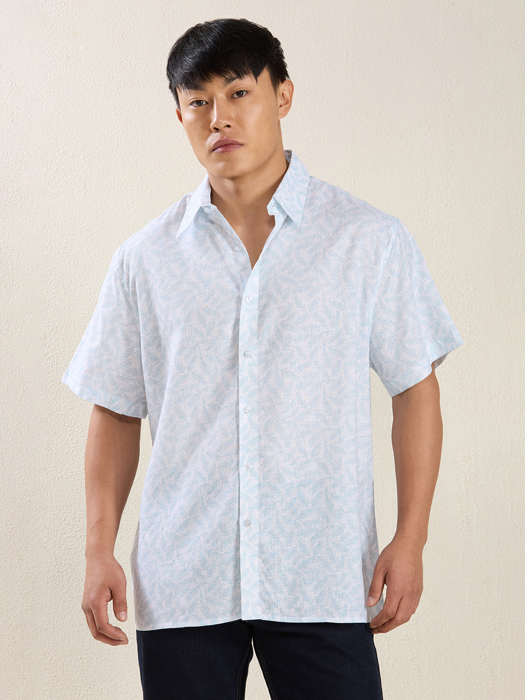 Men's Pure Linen Short Sleeve Aqua Leaf Print Shirt