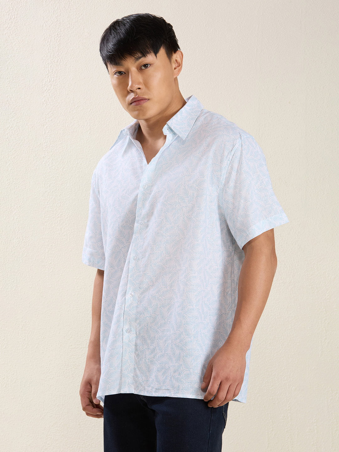 Men's Pure Linen Short Sleeve Aqua Leaf Print Shirt