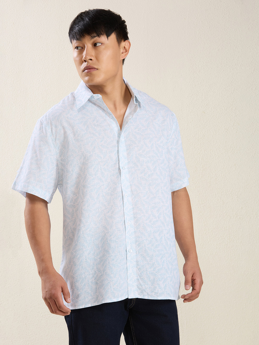 Men's Pure Linen Short Sleeve Aqua Leaf Print Shirt