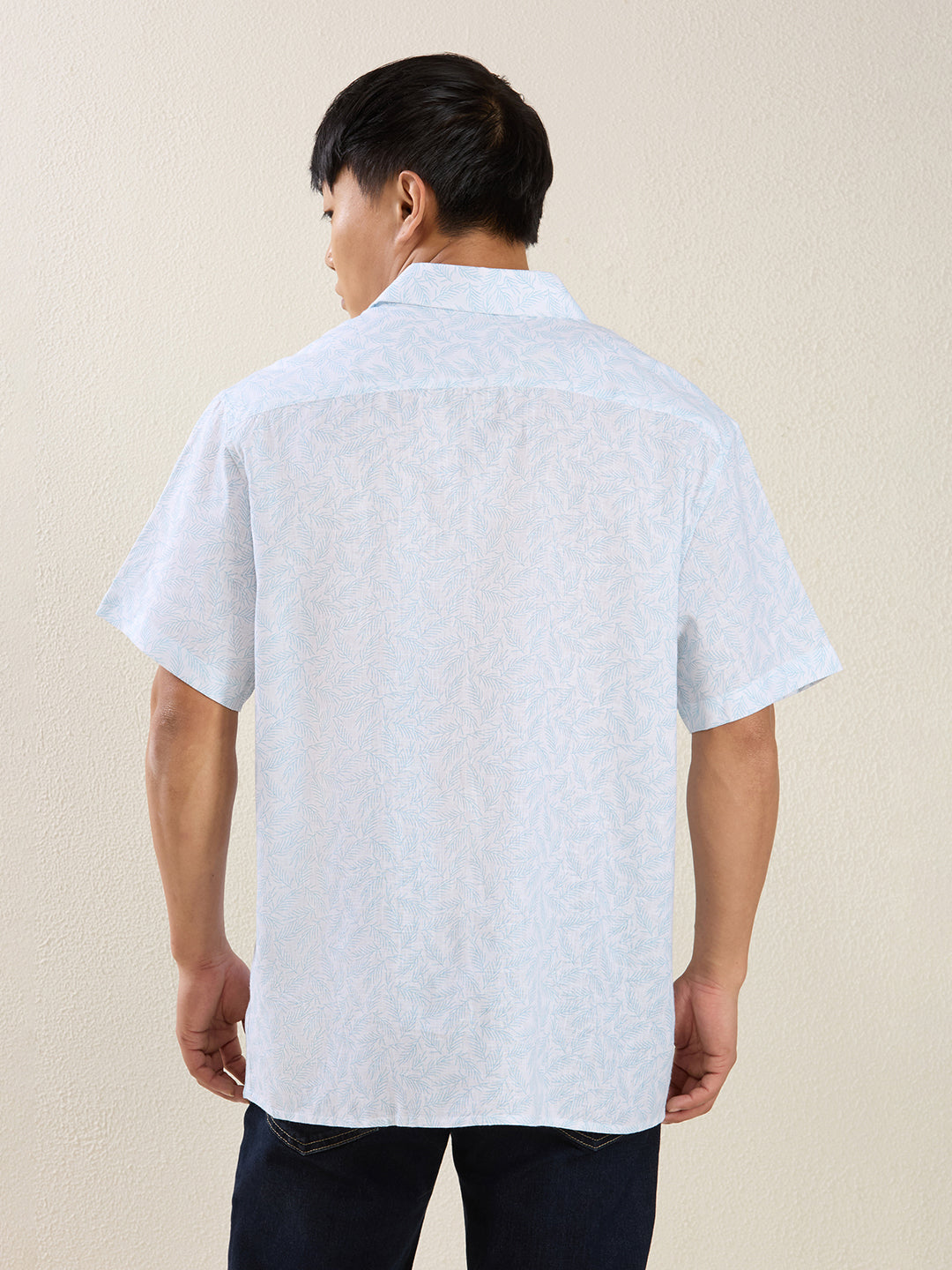 Men's Pure Linen Short Sleeve Aqua Leaf Print Shirt