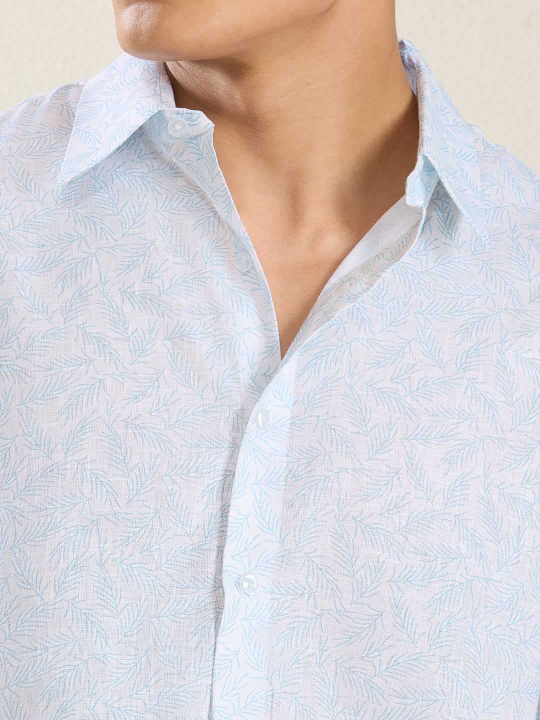Men's Pure Linen Short Sleeve Aqua Leaf Print Shirt