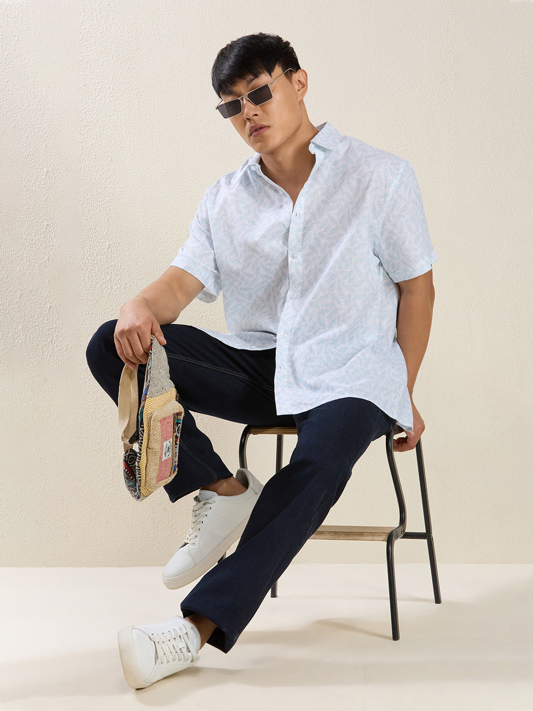 Men's Pure Linen Short Sleeve Aqua Leaf Print Shirt