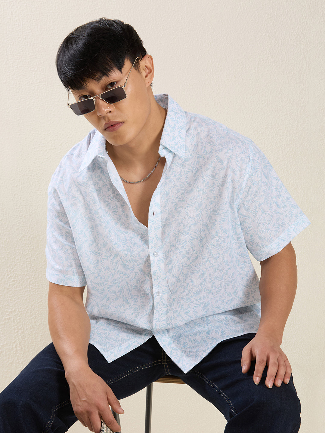 Men's Pure Linen Short Sleeve Aqua Leaf Print Shirt