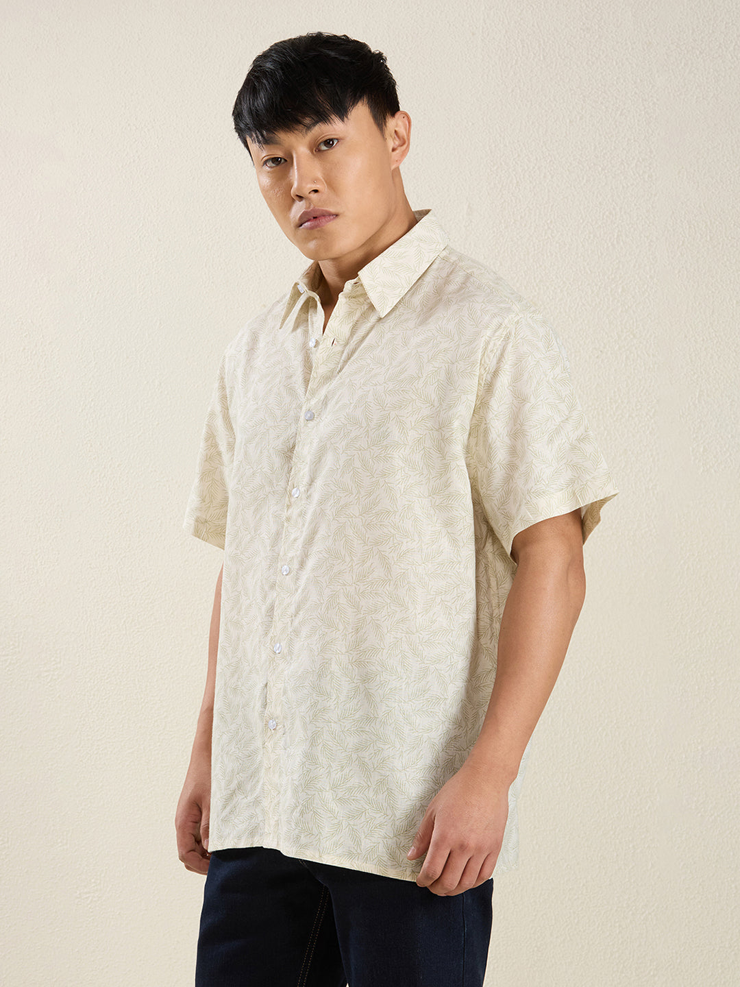 Men's Pure Linen Short Sleeve Beige Leaf Print Shirt