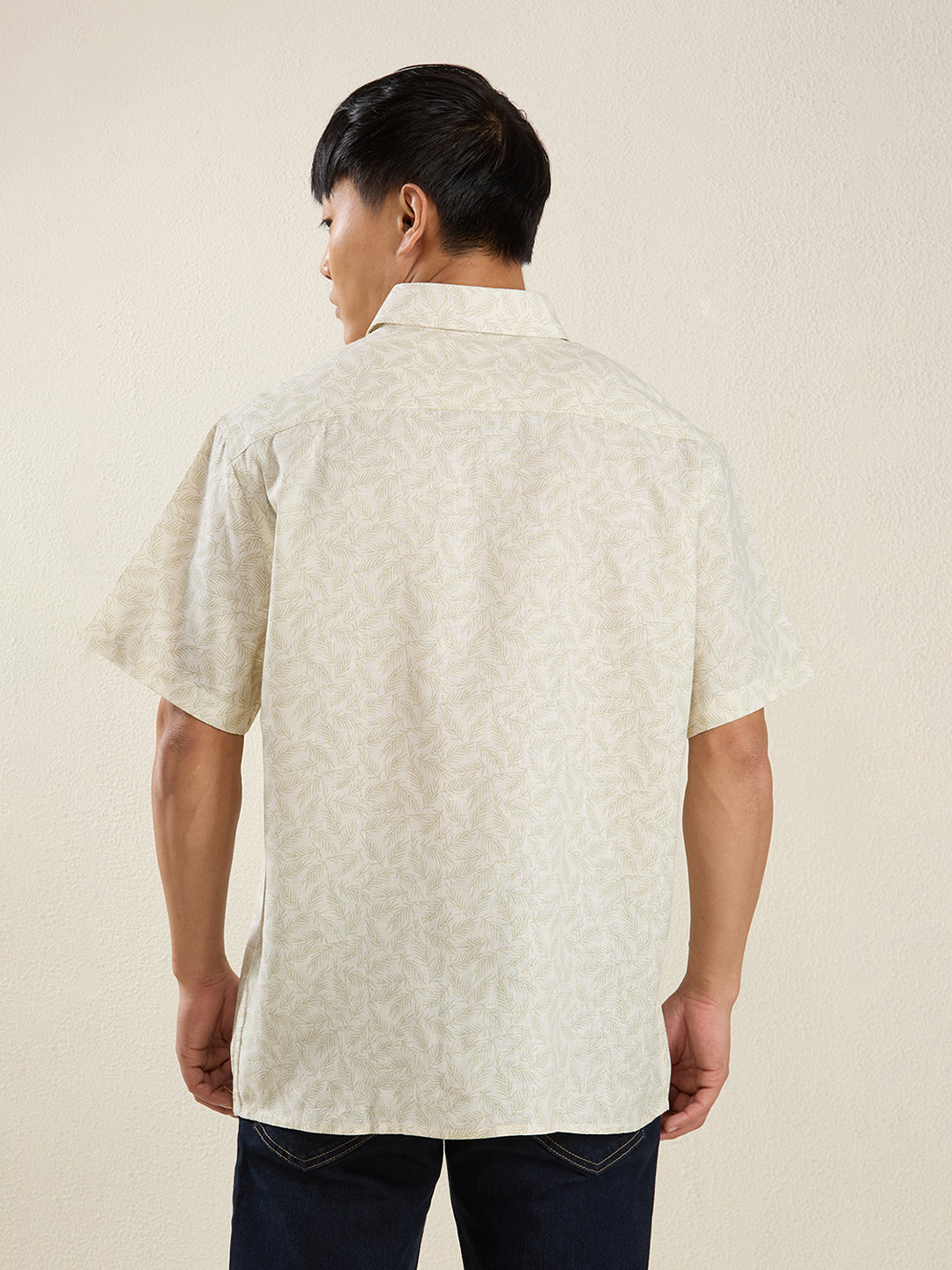 Men's Pure Linen Short Sleeve Beige Leaf Print Shirt